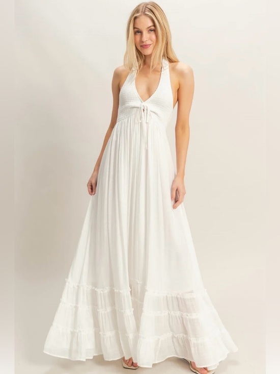 HYFVE Dresses & Skirts - NWT White Halter Maxi Dress with Crochet Bodice Wedding Dress Beach Pictures